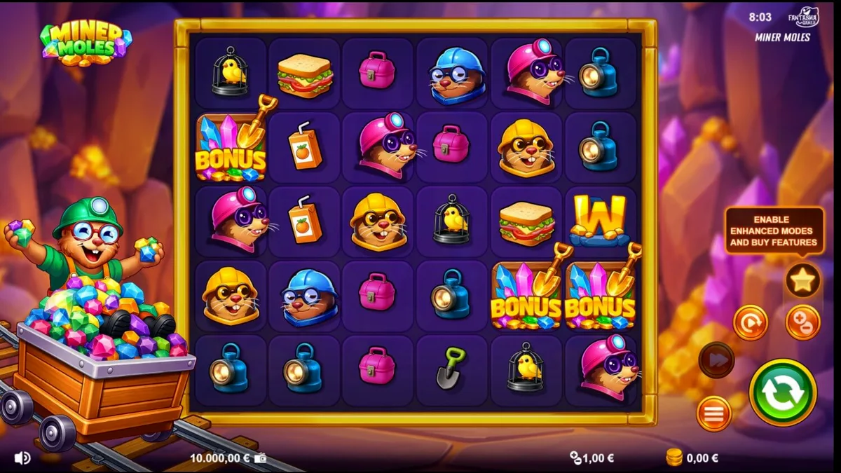Tampilan visual slot Miner Moles dengan karakter tikus tanah di dalam gua kristal